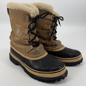 Vintage Sorel Caribou Kaufman Men 8 Tan Black Winter Boots Made in Canada Wool